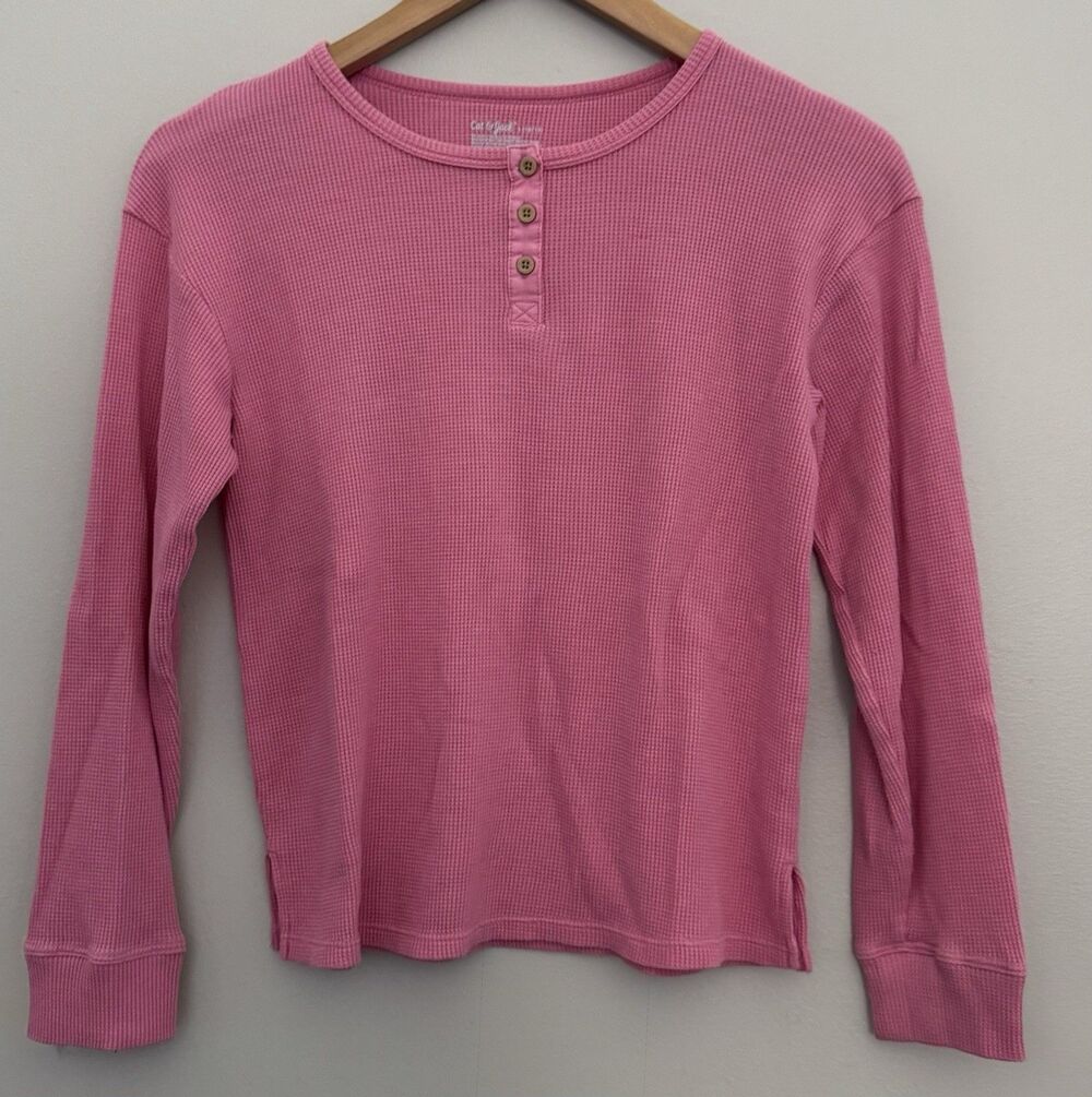 Cat & Jack Girls 10/12 Pink Waffle Knit Thermal Henley Long Sleeve Shirt